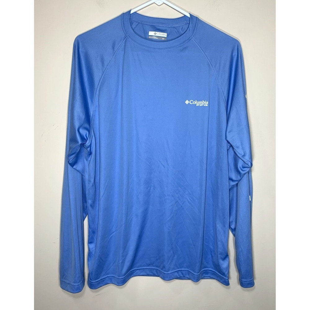 Columbia PFG Shirt Mens Small Blue Omni Shade Long Sleeve Spellout Fishing